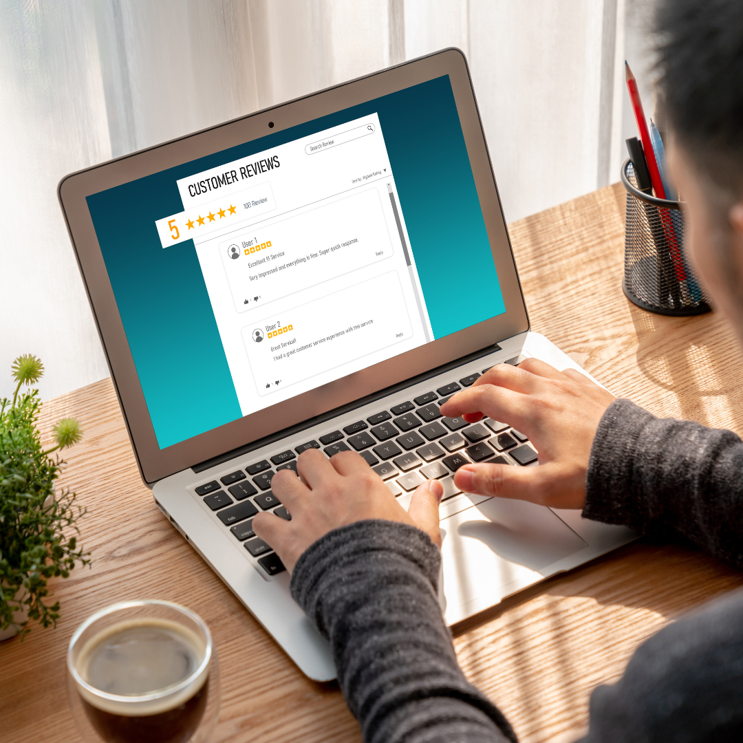 Online reputation management services and customer review monitoring on laptop
